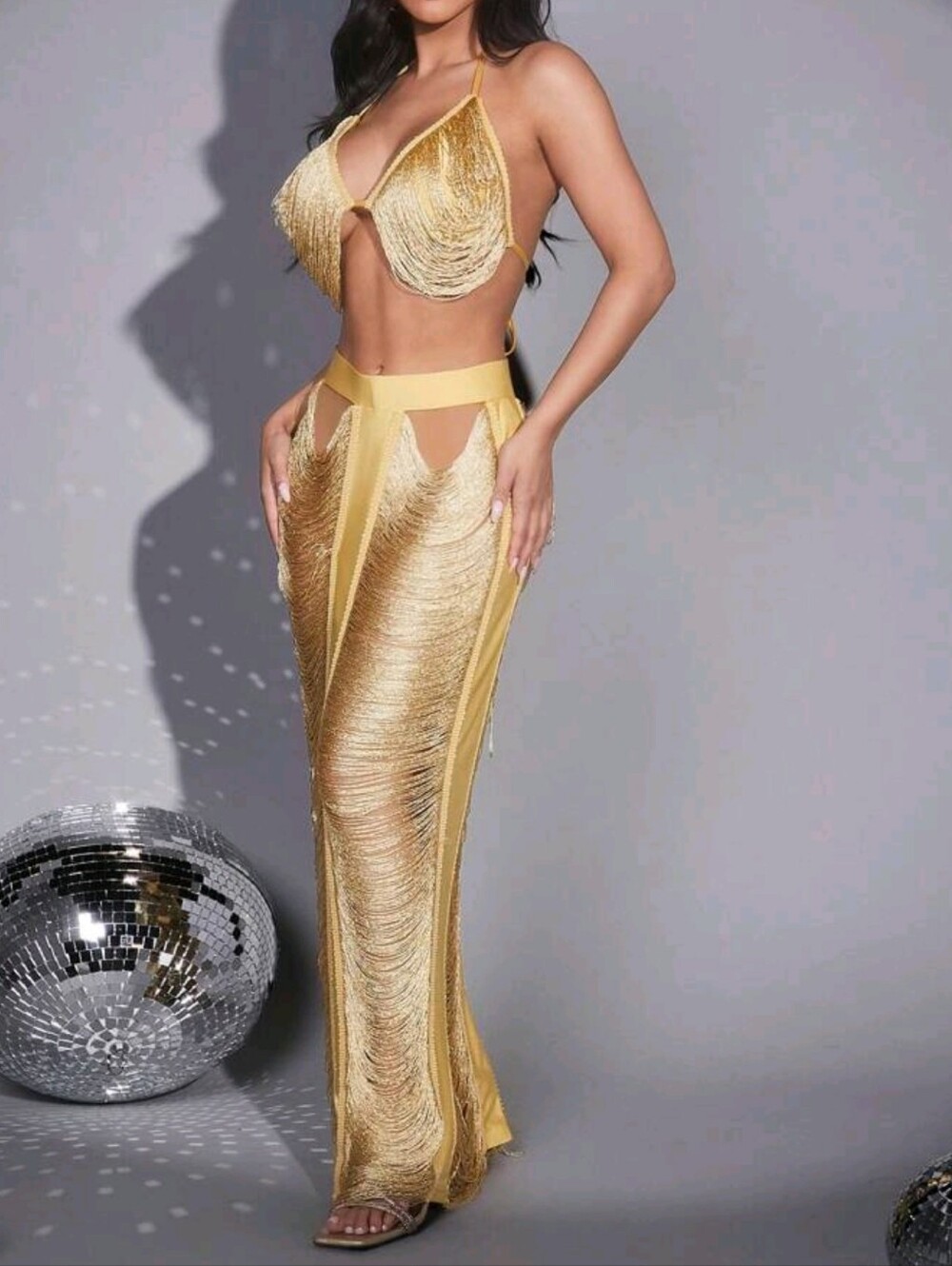 Gold Fringe Two-Piece Maxi Set